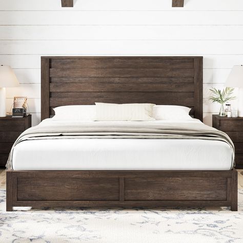 PRICES MAY VARY. 【Unique Headboard】Headboard adopts fluted design, minimalist and layered. With three raised panels spaced on the headboard, creating wonderful effect and adding unique design flair to the bedroom. 【Exquisite Design】This wood bed frame adopts a layered panel design concept with natural wood grain, adding depth and visual appeal to the headboard area. 【Multiful Use】Ample under-bed storage space, for storing items or robot vacuum cleaner. 49" tall headboard accommodate mattresses f King Farmhouse Bed, Fluted Headboard, Plank Headboard, Farmhouse Bed Frame, Farmhouse Headboard, Queen Size Bed Frame, Farmhouse Bed, Lit King Size, Full Size Bed Frame