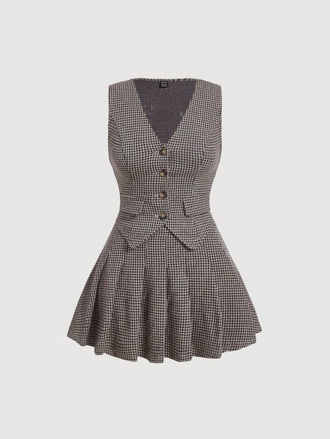 SHEIN MOD Houndstooth Print Button Front Vest Blazer & Pleated SkirtI discovered amazing products on SHEIN.com, come check them out! Skirt And Suit Outfit, Women’s Business Fashion, Vest Outfits For Women Work, Sixth Form Outfits Smart Business Casual, Gilet Outfit Women, Mode Tennis, Sixth Form Outfits, Sixth Form, Professional Clothing