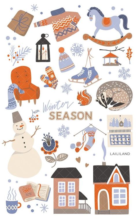 Winter Clip Art Free, Winter Illustration Art, January Clipart, Winter Graphic Design, Winter Symbols, Winter Digital Art, Snowman Clip Art, Gingerbread Clipart, Winter Clip Art