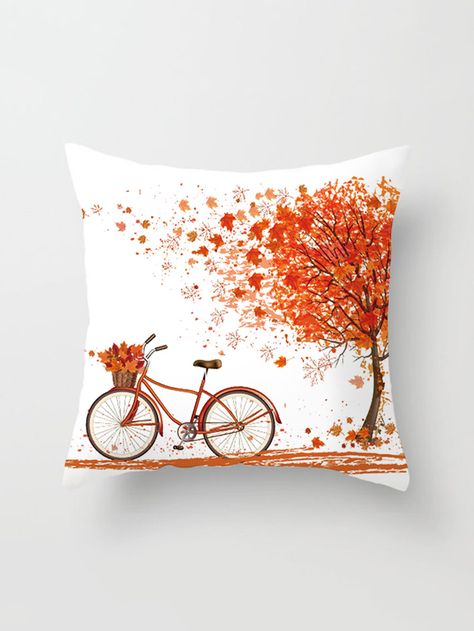 Tree Print Pillowcase Cover -SheIn(Sheinside) Fall Gourds, Chair Throw, Hand Painted Pillows, Cushion Embroidery, Pumpkin Pillow, Fabric Painting On Clothes, Pillow Crafts, Hand Painted Fabric, Cushion Cover Designs