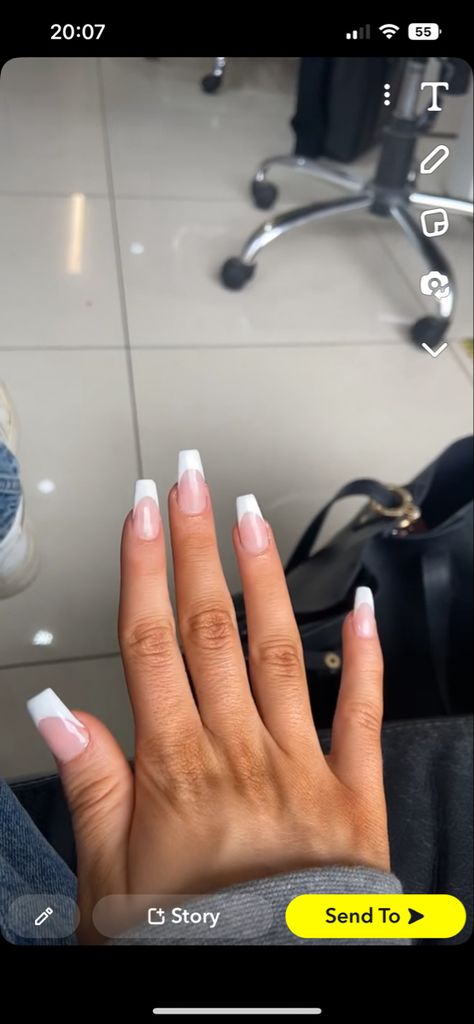 French Tip Acrylic Nails With One Finger Design, Thick French Tip Nails Coffin, Acrilyc French Tip, French Tip Nails Thick White, Pretty French Tips, Thick White French Tip Nails, Thick French Nails, Chunky French Tip Nails, Ballerina French Tip Nails