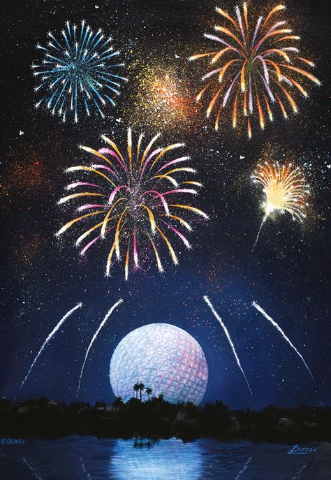 Epcot Iphone Wallpaper, Epcot Painting, Disney Fireworks Drawing, Disney Fireworks Wallpaper, Disney Scenes, Disney World Festival Of The Arts, Disney World Merchandise, Firework Painting, Fireworks Art