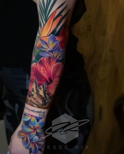 Tropical Flower Tattoo Sleeve, Tropical Tattoos For Women, Tropical Flowers Tattoo, Bright Tattoos For Women, Tropical Flower Tattoo, Eddie Tattoo, Frangipani Tattoo, Tropical Flower Tattoos, Colorful Sleeve Tattoos