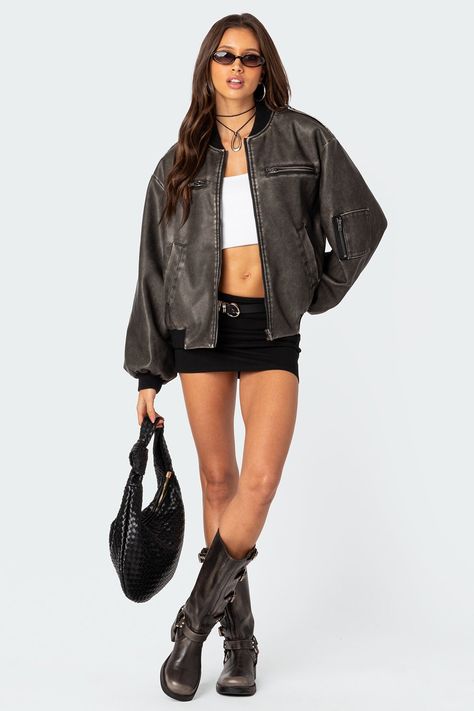 Vava Washed Faux Leather Bomber Jacket – edikted Edgy Jeans, Edgy Outfit, Jacket Outfit Women, Leather Jacket Outfits, Y2k Outfits, Trendy Shorts, Mein Style, Going Out Outfits, Fashion Studio