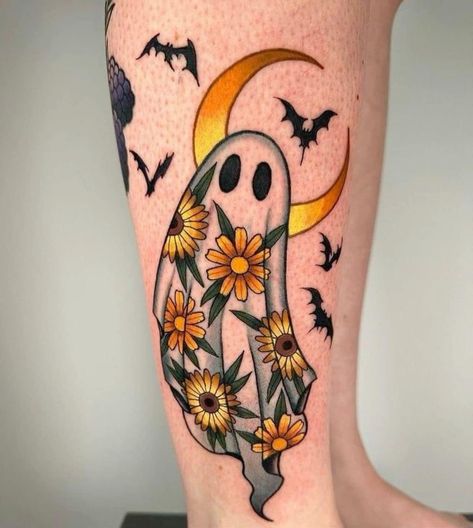 90s Sleeve Tattoo, Autumn Themed Tattoos, Haunted Tattoo, Eerie Tattoos, Cute Spooky Tattoos, Nostalgic Tattoos, Matching Spooky Tattoos, Cute Ghost Tattoo, Cute Halloween Tattoos