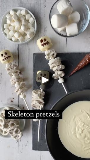 290K views · 20K reactions | Is it early for Halloween content?? 

Easy Halloween skeletons! Marshmallows dipped in white candy coating with some store-bought white fudge pretzels. The sticks are extra long lollipop sticks, and I piped on a little skeleton face after the marshmallows had set up. 

#halloweentreats #halloweenparty #halloweencandy #funfood #marshmallows | Hannah Gray | One Sweet Mama | Martin Arteta · Past Lives White Pretzels, White Fudge, Halloween Candy Recipes, Postres Halloween, Candy Kabobs, Wilton Candy Melts, Marshmallow Dip, Skeleton Face, Halloween Treats For Kids