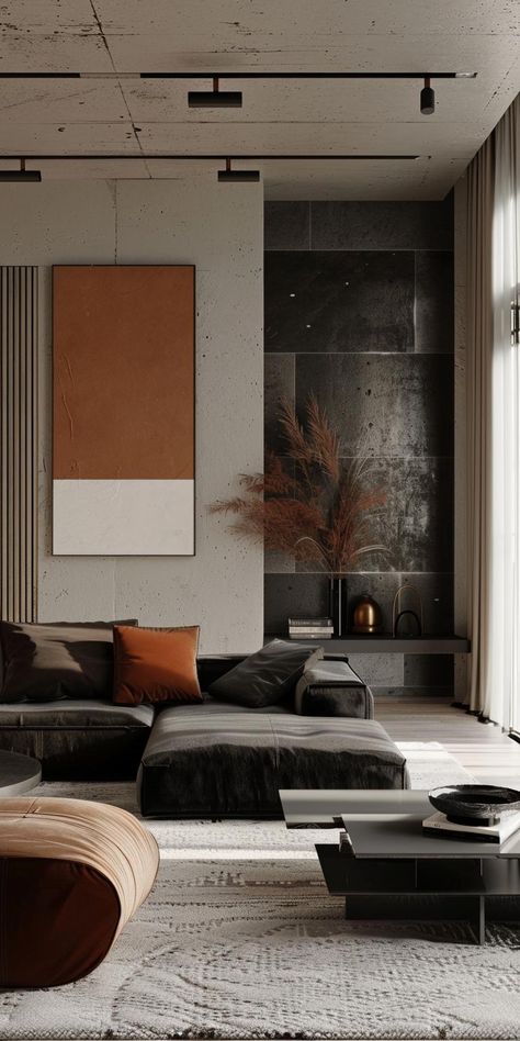 49 Stunning Black and Rust Living Room Ideas - DecorWithEva Rust Living Room Ideas, Black And Rust Living Room, Rust Living Room, Living Room Inspiration Board, Brick Interior, London Interior, Black Room, Timeless Decor, Studio Room