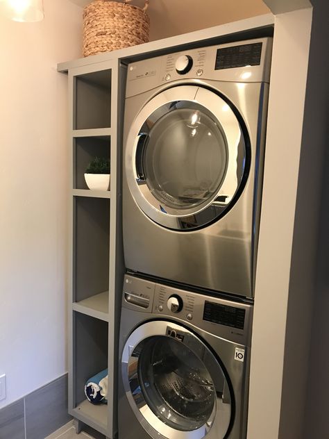 Stacked Washer Dryer Next To Toilet, Built In Stackable Washer And Dryer Cabinet, Stacked Washer Dryer Laundry Room Small Tiny House, Small Laundry Closet Stacked Washer Dryer, Samsung Stackable Washer Dryer, Stackable Laundryroom/mudroom Ideas, Washer Dryer Laundry Room, Stackable Laundry, Laundry Room Decor Diy