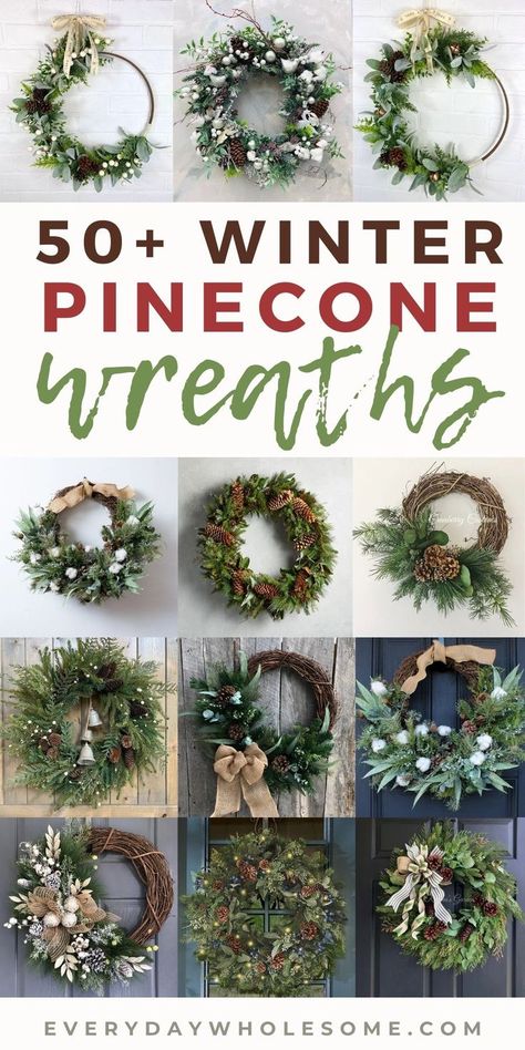 Wood Door Wreath Diy, Grapevine Winter Wreath Ideas, Christmas Wreath With Pinecones, Simple Winter Wreaths For Front Door, Rustic Winter Wreaths For Front Door, Winter Wreaths For Front Door Diy Simple, Winter Front Door Wreaths, Diy Winter Wreath For Front Door, Winter Door Wreaths Diy