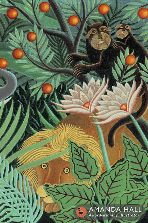 Art in the style of Henri Rousseau jungle with lion and monkeys. Illustration by Amanda Hall. Henri Rousseau Tiger, Jungle Art Wallpaper, Henri Rousseau Jungle, Rosseau Art, Monkeys Illustration, Henry Rousseau, Henri Julien Félix Rousseau, Rousseau Paintings, Henri Rousseau Paintings