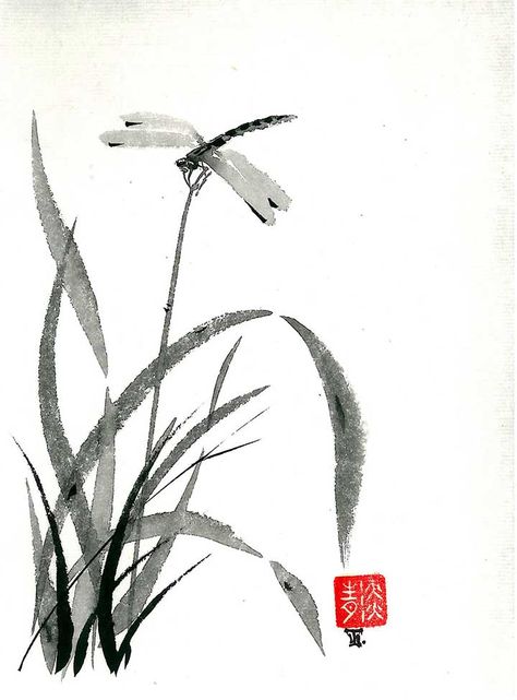 Japanese Ink Painting, Watercolor Dragonfly, Zen Painting, Sumi E Painting, Japanese Watercolor, Chinese Art Painting, Japanese Drawings, Chinese Brush Painting, Japanese Wall Art