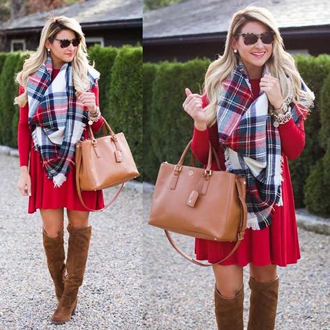 Red Dress + Oversized Flannel Scarf Cute Christmas Outfit Ideas, Cute Christmas Outfit, Christmas Photos Outfits, Outfit For Christmas, Christmas Outfit Casual, Dress With Scarf, Christmas Outfit Ideas, Cute Christmas Outfits, Red Christmas Dress