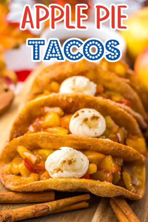 Apple Pie Tacos - Life With The Crust Cut Off Low Calorie Apple Pie, Caramel Apple Pie Filling, Cinnamon Sugar Tortilla, Apple Pie Tacos, Cinnamon Sugar Tortillas, Dessert Taco, Homemade Apple Pie Filling, Canned Apple Pie Filling, Tortilla Shells