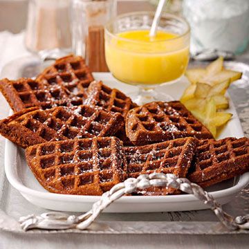 Gingerbread Waffles with Hot Lemon Curd Sauce Gingerbread Waffles, Brunch Casserole, Midwest Living, Coffee Cakes, Lemon Sauce, Sausage Breakfast, The Plaza, Lemon Curd, Holiday Baking