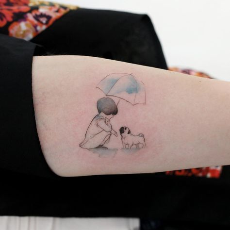 by @tattooist_doy Umbrella Tattoo, Tattoos For Women Small Meaningful, Pug Tattoo, Explore Tattoo, Forearm Tattoo Design, Tasteful Tattoos, Tattoo For Son, Japanese Sleeve Tattoos, Cute Small Tattoos