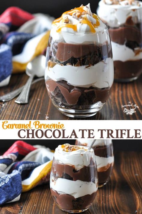 A Chocolate Trifle made with layers of brownies, chocolate pudding, caramel and whipped topping offers the perfect easy dessert recipe for any occasion! Prepare the treat in one large dish or in individual cups for a convenient, make-ahead option that will wow your guests! Layered Desserts In A Cup, Desserts In Cups, Chocolate Cup Desserts, Easy Chocolate Trifle, Dessert Sampler, Mini Trifles, Cake Parfait, Cup Desserts, Pudding Caramel