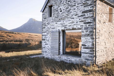 Outside, looking out at the Highlands. (Note the inventive fold-out shutters.) Scottish Holidays, Scotland Vacation, Stone Building, Old Stone Houses, Radiant Floor Heating, Radiant Floor, Box Houses, Vacation Home Rentals, Old Stone