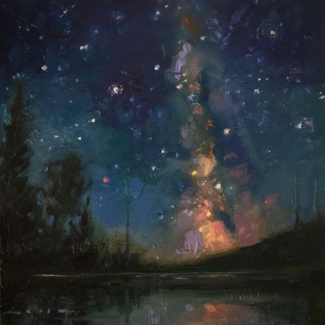 Chris Long, Night Sky Art, Long Painting, Night Sky Painting, Astronomy Art, Storybook Art, Daily Painters, Sky Painting, Impasto Painting