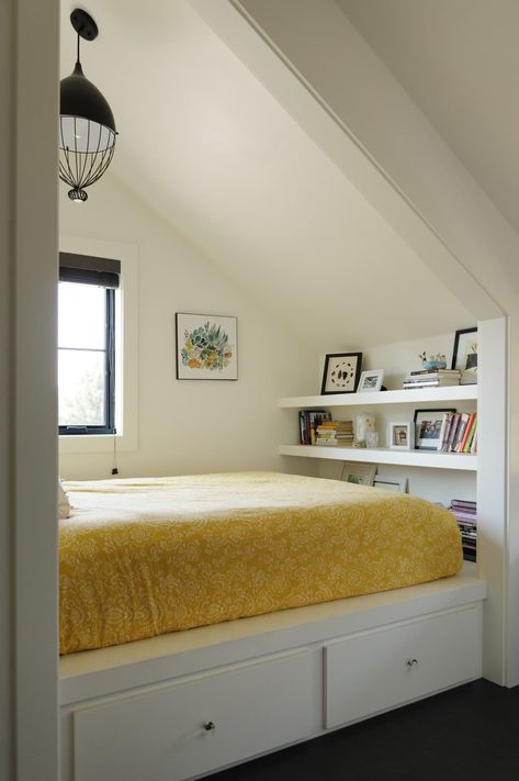 Bed Nooks, Deer In Headlights, Alcove Bed, Bed Nook, Upstairs Loft, A Sloth, White Subway Tile, Attic Bedroom, Small Space Solutions