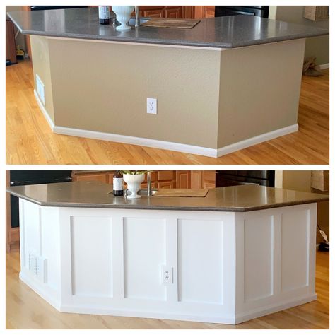 Kitchen Island Batten Board, Diy Angled Kitchen Island, Ideas For Under Bar Counter, Island Bottom Ideas, Counter End Cap Ideas, Trimming Out Kitchen Island, Kitchen Remodel Adding Island, Kitchen Island End Cap Ideas, Kitchen Island Surround Ideas