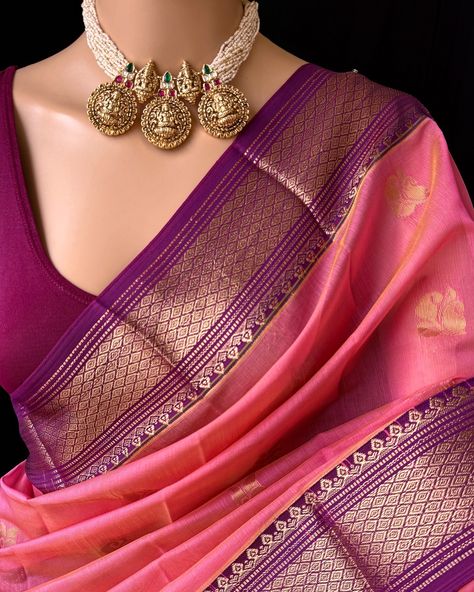 Peach Kora cotton saree with contrast magenta border and pallu. Comes with magenta blouse 80cm. Wash care: Normal wash. Beautiful Jewellery from: @sruthis_jewellery Find this saree in website: www.thejacouture.in > Kora cotton saree> peach Kora cotton saree. #peachkoracottonsaree #cottonsaree #koracotton #saree #sareelove #traditionalsaree #jewellerymatching #jewellery