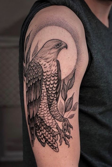 Falcon Shoulder Tattoo, Mens Upper Body Tattoos, Two Hawks Tattoo, Hawk Tattoo Forearm, Hawk Skull Tattoo, Gyrfalcon Tattoo, Hawk Tattoos For Women, Sparrowhawk Tattoo, Red Tailed Hawk Tattoo Feminine