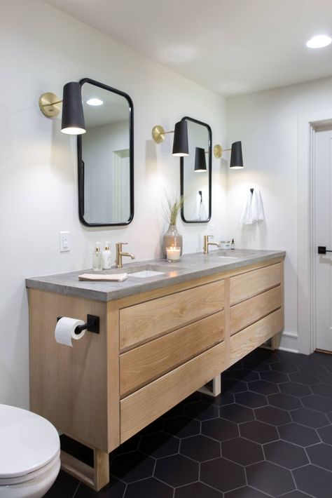 The Pick a Door House — Bethany Mitchell Homes Bathroom Sink Ideas Countertops, Fixer Upper Bathroom Ideas, Concrete Bathroom Countertops, Counter Top Sink Bathroom, Fixer Upper Bathroom, Concrete Bathroom, Double Vanity Bathroom, Vanity Countertop, Trendy Bathroom