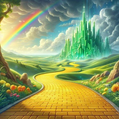 Land Of Oz Aesthetic, Wizard Of Oz Yellow Brick Road, Wizard Of Oz Wallpaper Aesthetic, Wicked Emerald City, Wizard Of Oz Set Design Ideas, Wizard Of Oz Background, The Wizard Of Oz Illustration, Wicked Background, Wizard Of Oz Wallpaper