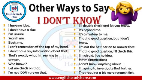 Other Ways to Say  I DON’T KNOW Ways To Say Said, Other Ways To Say, English Verbs, English Sentences, Learn English Vocabulary, I Dont Know, English Phrases, Learn English Words, Writing Words