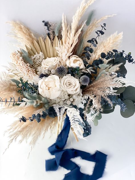 Dusty Blue White Peony Pampas Grass Bouquet - Etsy Blue Wedding Flowers Bouquet, Blue Fall Wedding, Dried Flower Bouquet Wedding, Grass Centerpiece, Dark Blue Wedding, Wedding Parties Pictures, Green Wedding Bouquet, Grass Bouquet, Blue Centerpieces