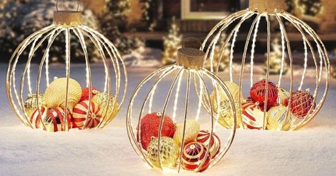 Deck the Outside Halls With These Pretty Outdoor Ornaments Oversized Ornaments, Outside Christmas Decorations, Room Vibes, Christmas Yard Decorations, Front Porch Christmas Decor, Christmas Yard, Outdoor Holiday Decor, Outdoor Christmas Lights, Outdoor Decorations