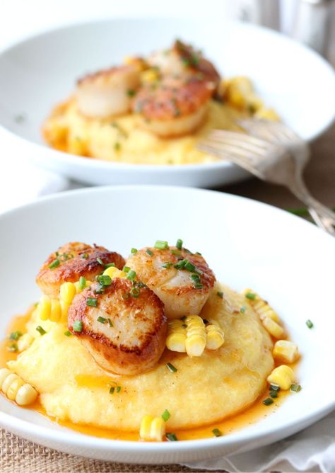 Seared Fish Recipes, Chive Butter, How To Cook Polenta, How To Cook Scallops, Coquille St Jacques, Creamy Polenta, Seared Scallops, Shellfish Recipes, Scallop Recipes