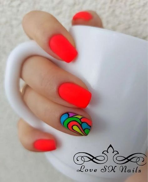 Orangey Red Nails Design, Summer Nails 2023, Neon Nail Designs, Nail Art For Beginners, Vibrant Nails, Pretty Nail Art Designs, Nails 2023, Spring Nail Art, Pretty Nail Art