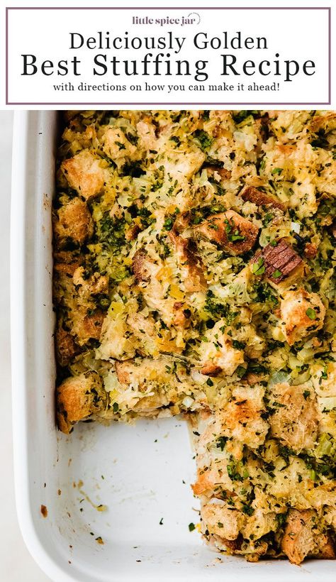 Best Thanksgiving Stuffing Recipe – And I promise you, it's anything but bland! Loaded with so many aromatics, your family is going to love this one! #stuffing #thanksgivingstuffing #thanksgivingdressing #breadstuffingrecipe #stuffingrecipe | Littlespicejar.com Stuffing Recipes Christmas, Herb Dressing Recipes Thanksgiving, The Best Thanksgiving Stuffing, Best Thanksgiving Stuffing, Kinds Of Bread, Traditional Stuffing Recipe, Classic Christmas Recipes, Best Stuffing Recipe, Best Stuffing