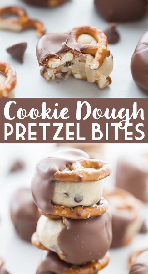 Cookie Dough Pretzel Bites -- Cookie dough pretzel bites offer the irresistible combination of cookie dough, pretzels, and chocolate in a perfectly portioned dessert! #cookiedough #pretzel #pretzelbites #pretzelcandy #baking #dessert #easyrecipe #easydessert #nobakedessert Fun Unique Desserts, Cool Desserts Recipes, Things To Bake With Friends Desserts, Desserts Individual Servings, Easy Sweet Treats Quick No Bake, Cool Dessert Ideas, Pretzel Snack Ideas, Summer Baking Recipes Desserts, Desserts To Make With Friends