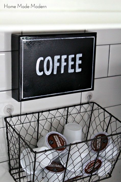 Spruced Up Coffee Station and Hanging K-Cup Holder                                                                                                                                                     More Hot Beverage Station, K Cup Storage, Office Coffee Bar, K Cup Holders, Diy Coffee Bar, Design Café, Home Coffee Stations, Coffee Nook, Keurig Coffee