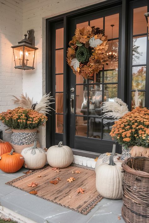 13 Fall Front Porch Decor Ideas To Welcome Autumn - DreamyHomeStyle Halloween Porch Planters, Mums In Tall Planters, Fall Outdoor Patio, Fall Front Steps, Pumpkin Porch Decorations, Autumn Front Porch Decor, Small Fall Porch, Fall Decor Front Porch, Autumn Front Porch