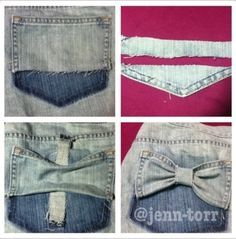 DIY #jean pochette cute Återvinna Jeans, Jean Diy, Diy Jeans, Diy Bows, Diy Vetement, Jean Pockets, Creation Couture, Jeans Diy, Old Jeans