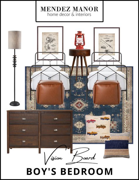 As a designer, designing for children’s bedrooms can be a fun and creative challenge. It’s important to incorporate whimsy into the design, and I’ve had so much fun pulling together this fishing themed boy’s bedroom design with rustic accents! However, it’s equally important to choose furniture and rugs that are durable and versatile for transitioning into different looks as kids grow up. #boysbedroom #childrensroom #boysroom #edesign Fishing Themed Bedroom, Boys Fishing Bedroom, Fishing Bedroom, Rustic Boys Room, Boys Room Design, Fishing Room, Boy Bedroom Design, Boy’s Room, Powder Room Design