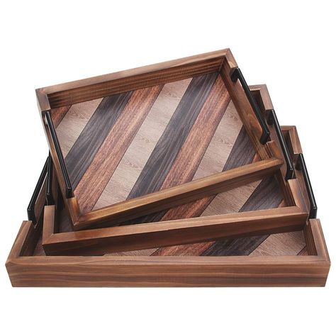 PRICES MAY VARY. 【EXQUISITE CRAFTSMANSHIP】The wooden trays are made of natural wood, makes them durable and sturdy, not easy to crack. Due to its gorgeous multi-color wood patterns, it looks vintage and unique , can bring a decorative touch to any space. 【MULTI-FUNCTION SERVING TRAY】An instant eye-catcher, the perfect size tray set can be used as an elegant addition to your tea parties, as a refined jewellery organiszer for your vanity table, or as a handy entryway tray for keys, glasses and coi Serving Trays Design, Rustic Ottoman, Rustic Serving Trays, Party Kitchen, Serving Tray Set, Serving Tray Decor, Eating Breakfast, Wood Serving Tray, Breakfast Party