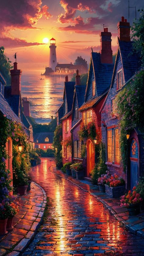 Ideogram Cobblestone Pathway, Beautiful Landscape Paintings, Colorful Cottage, Coastal Village, Dreamy Landscapes, Logo Project, Thomas Kinkade, Ocean Sunset Photography, Coastal Art