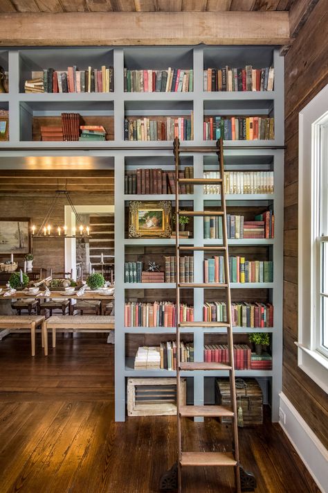 Historic 200 Year-Old Renovation - Farmhouse - Family Room - Nashville - by Hallmark Building Group, Inc. | Houzz Beautiful Home Library, Farmhouse Family Rooms, Wattle And Daub, Beautiful Bookshelf, Library Wall, Home Library Design, Bookshelf Design, Brown Walls, Dream Living