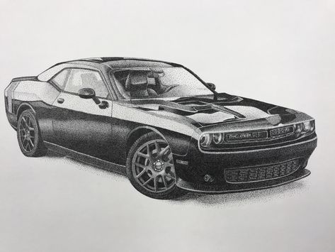 Stippling of a Dodge Challenger Dodge Challenger Sketch, Dodge Sketch, Dodge Challenger Art, Dodge Challenger Tattoo, Supra Sketch, Dodge Charger Drawing, Dodge Challenger Drawing, Challenger Drawing, Black Dodge Charger