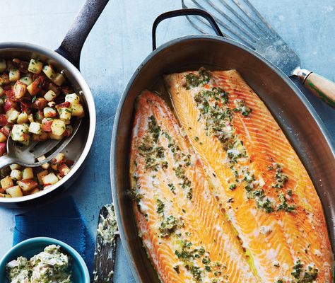 Slow-Baked Arctic Char With Crisp Potatoes Recipe Artic Char Recipes, Char Recipes, Crisp Potatoes, Arctic Char, Herb Butter, Potatoes Recipe, Fish Dishes, Fish And Seafood, Potato Recipes