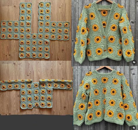 Crochet Clothes Jacket, Granny Square Crochet Layout, Crochet Gifts Free Pattern Quick, Crochet Projects To Wear, Quick Simple Crochet Projects, Sunflower Granny Square Sweater, Crochet Square Sweater Pattern, Crochet Granny Square Cardigan Layout, Crochet Picture Patterns