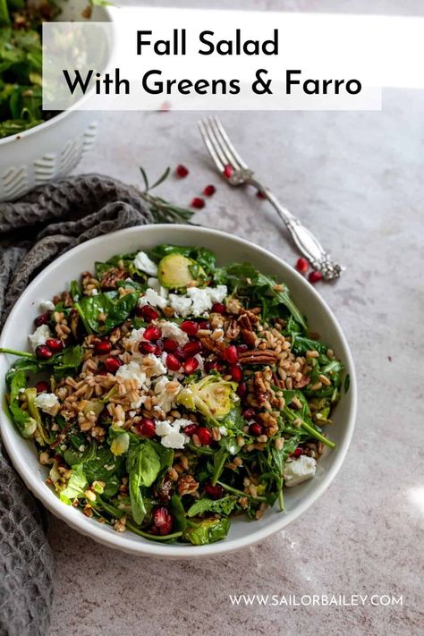 In a large serving bowl add spinach, arugula, roasted brussel sprouts, chopped pecans, crumbled feta, pomegranate arils and dressing. Toss well and serve immediately.  via @sailor_bailey Healthy Lunch Ideas For Work, Sailor Bailey, Salads To Make, Whole Grain Mustard, Dinner Board, Mustard Vinaigrette, Salads Dressing, Fall Salad, Lunch Ideas For Work