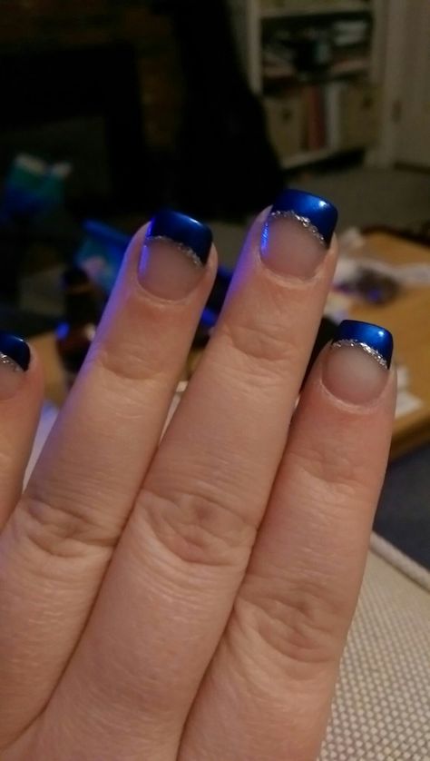 Heathers Nails, French Tip Nails With Silver, Nails Gel Blue, French Tips Ideas, Chrome Nails Silver, Navy Blue Nail Designs, Nails With Silver Glitter, Blue French Tip Nails, Black Chrome Nails