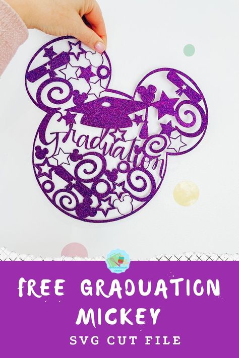 Purple Mickey Mouse style cut file for a gradation with scrolls, caps and spirals in a pop art theme Mickey Graduation Cap, Graduation Card Svg Free, Disney Graduation Party Ideas, Mickey Graduation, Kindergarten Graduation Gift, Disney Graduation, July Decoration, Graduation Cap Decoration Diy, Mickey Theme