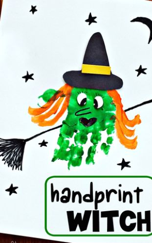 Handprint Witch, Halloween Crafts For Babies, Witch Craft For Kids, Kids Crafts Toddlers, Halloween Art Projects, Halloween Craft Projects, Halloween Crafts For Toddlers, Halloween Witch Decorations, Craft Kids