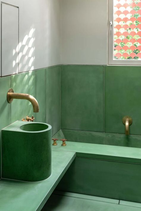 A Colorful, Architecturally Adventurous London Victorian Terrace House Remodel Coloured Concrete, Green Bathroom Interior, Key Decor, Architecture Elements, Colored Concrete, Exposed Aggregate, Victorian Terrace House, Bright Kitchens, Bathroom Color